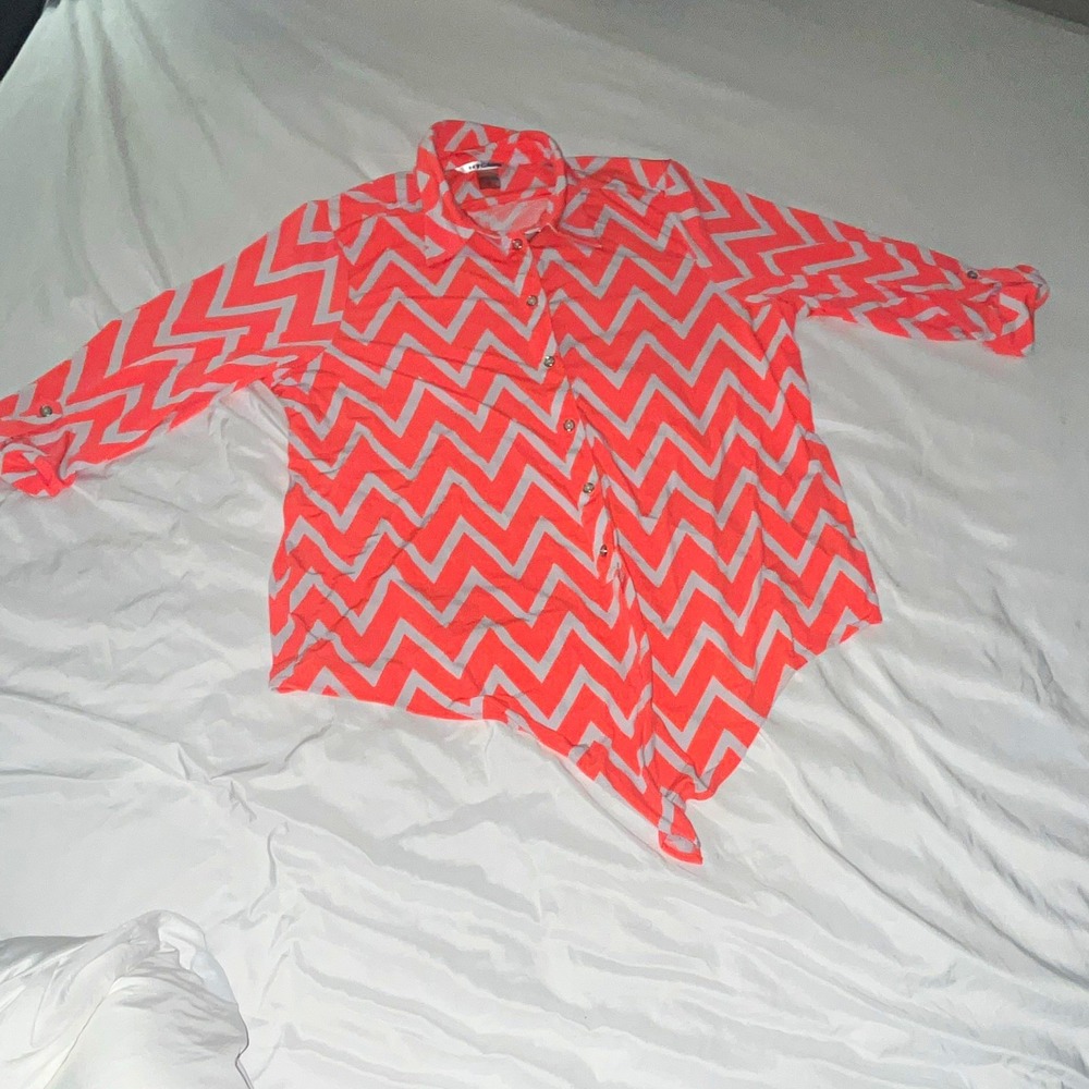 NY&C Women's XL Orange White Chevron Collared Chiffon Long Sleeve Button-Up
